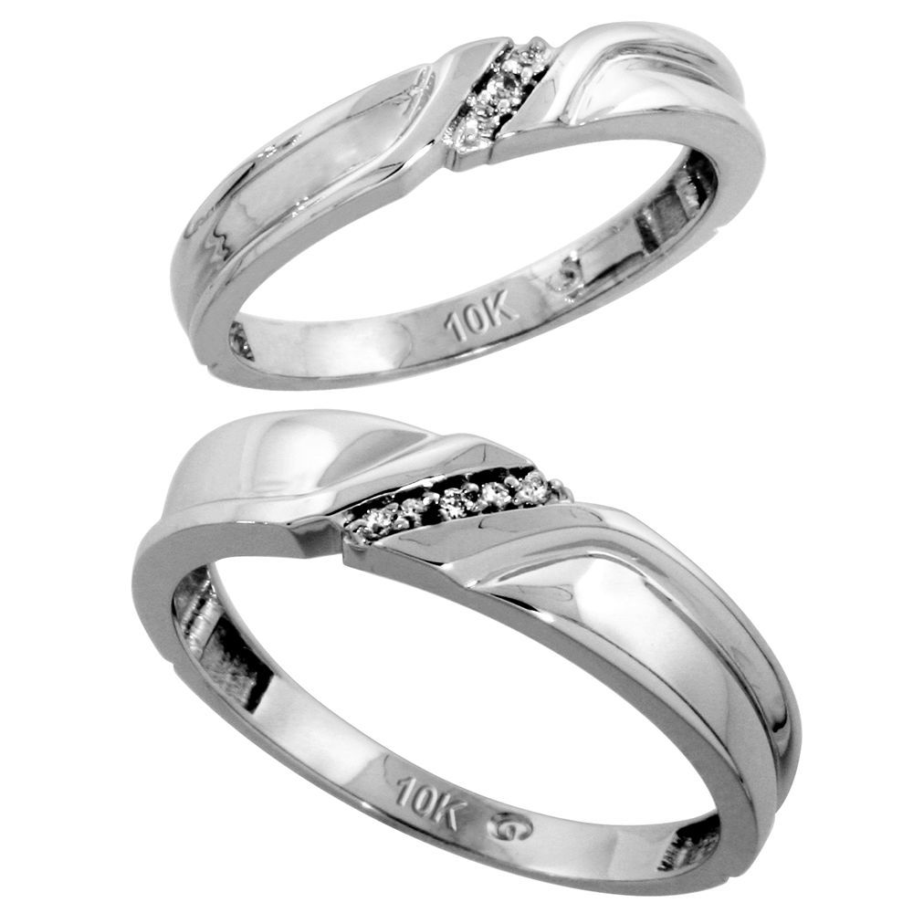 10k White Gold Diamond 2 Piece Wedding Ring Set His 5mm &amp; Hers 3.5mm, Men&#039;s Size 8 to 14