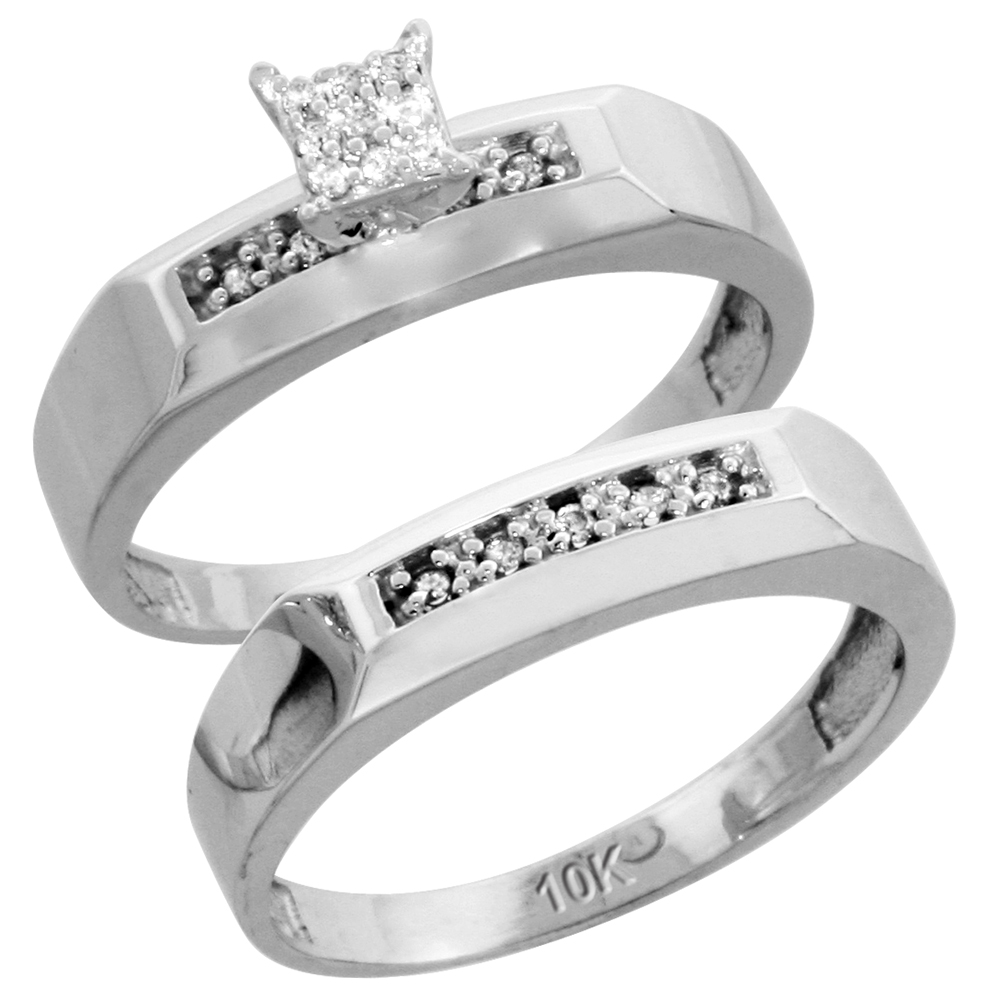 10k White Gold Diamond Engagement Rings Set for Men and Women 2-Piece 0.11 cttw Brilliant Cut, 4.5mm & 5mm wide