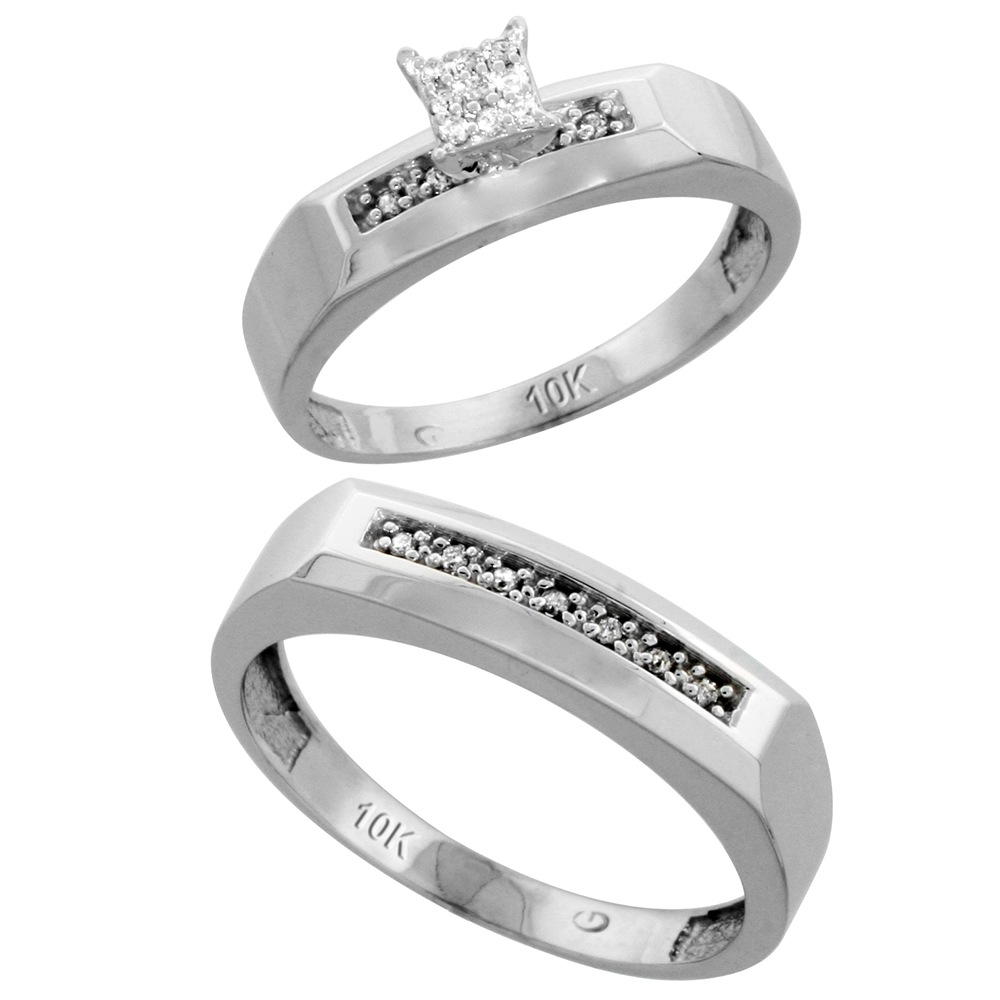 10k White Gold Diamond Engagement Rings Set for Men and Women 2-Piece 0.11 cttw Brilliant Cut, 4.5mm & 5mm wide