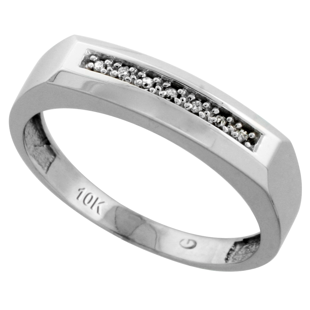 10k White Gold Mens Diamond Wedding Band, 3/16 inch wide