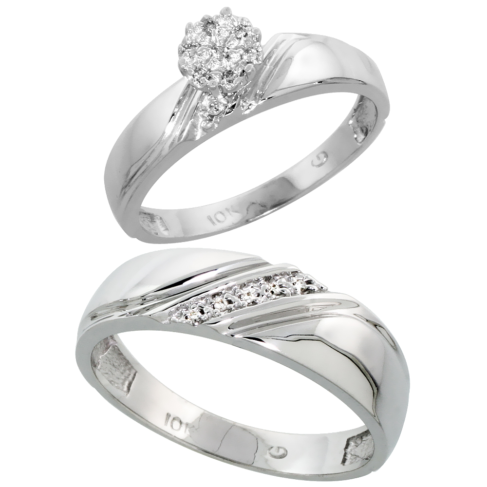 10k White Gold Diamond Engagement Rings Set for Men and Women 2-Piece 0.08 cttw Brilliant Cut, 4.5mm & 6mm wide