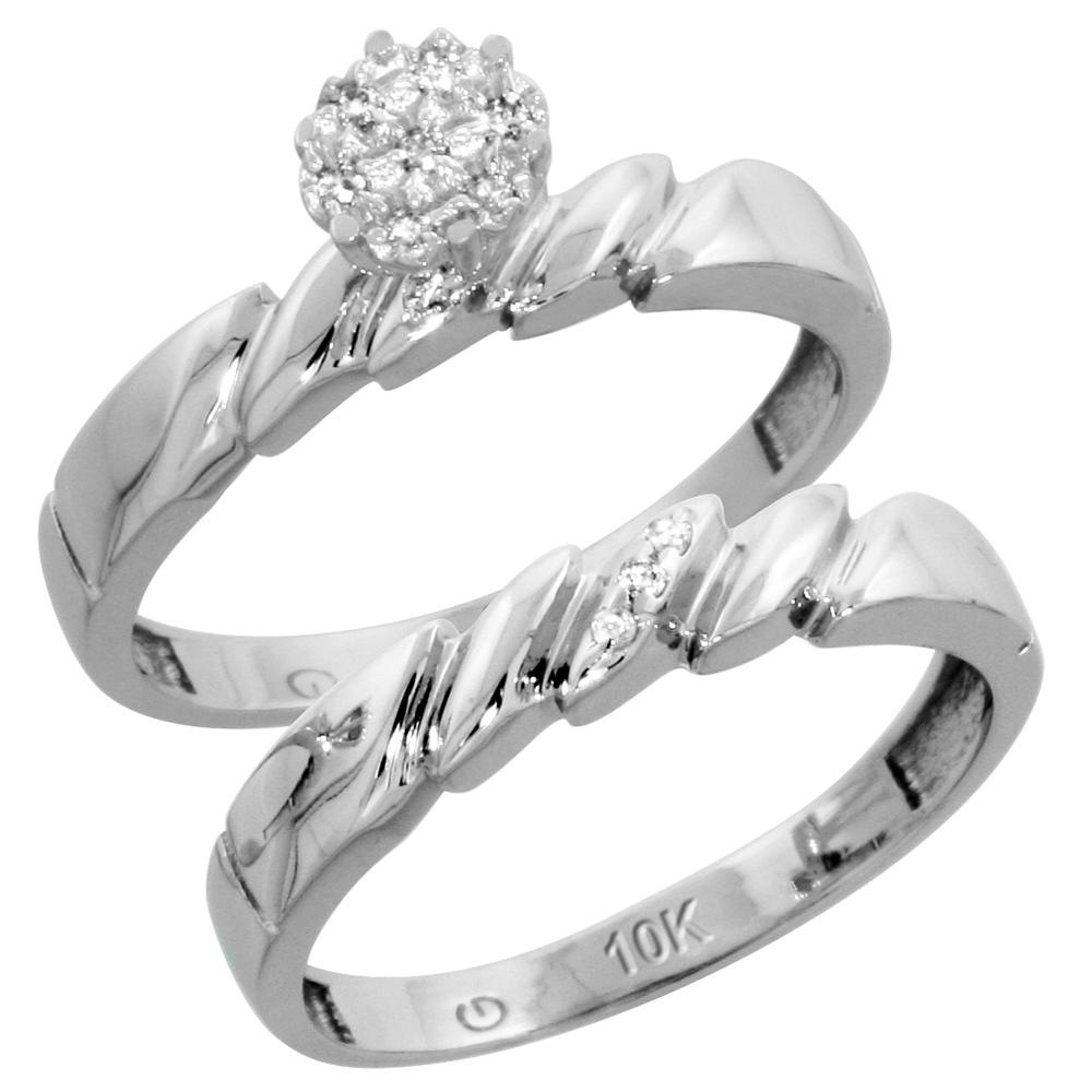 10k White Gold Diamond Engagement Ring Set 2-Piece 0.07 cttw Brilliant Cut, 5/32 inch 4mm wide