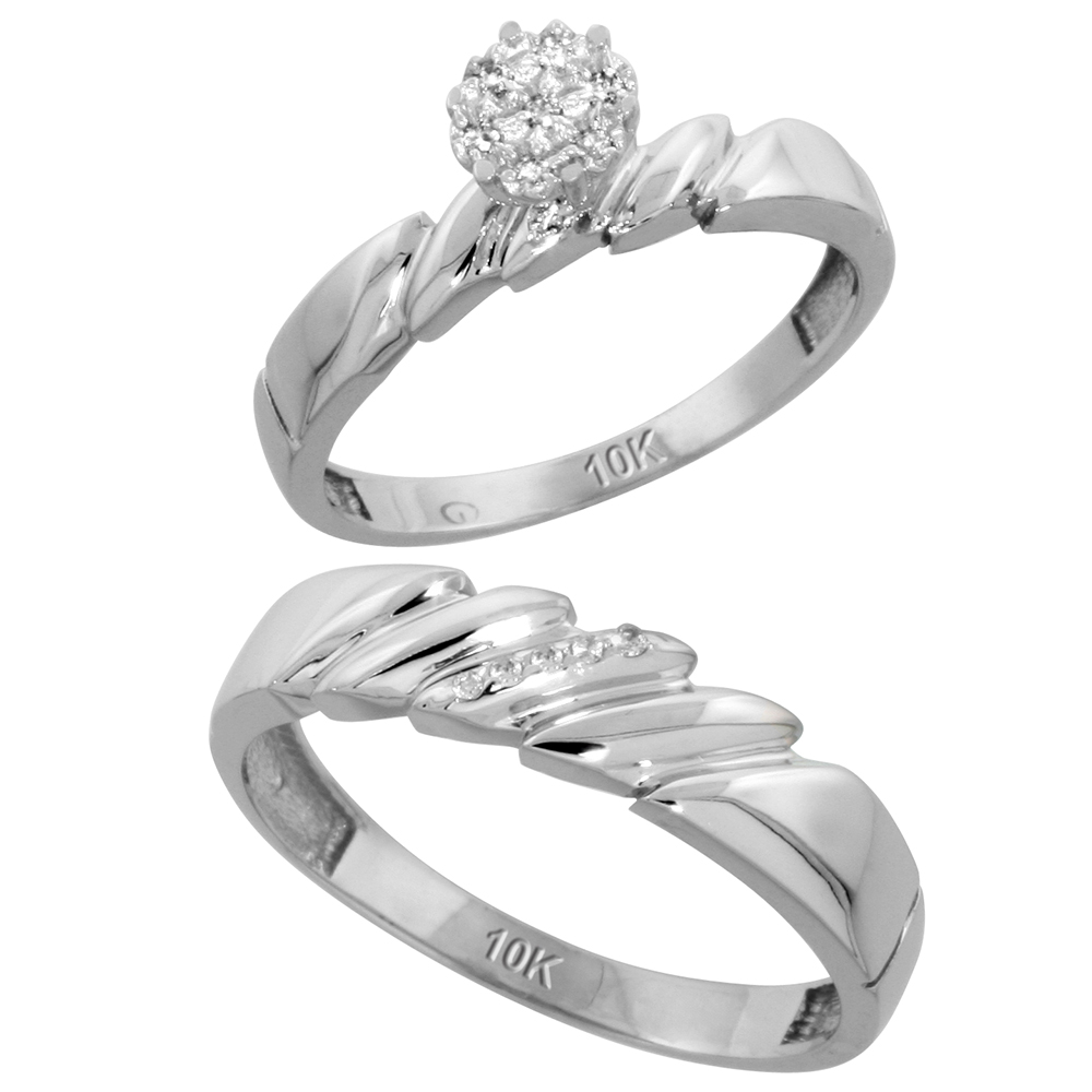 10k White Gold Diamond Engagement Rings Set for Men and Women 2-Piece 0.08 cttw Brilliant Cut, 4mm & 5mm wide