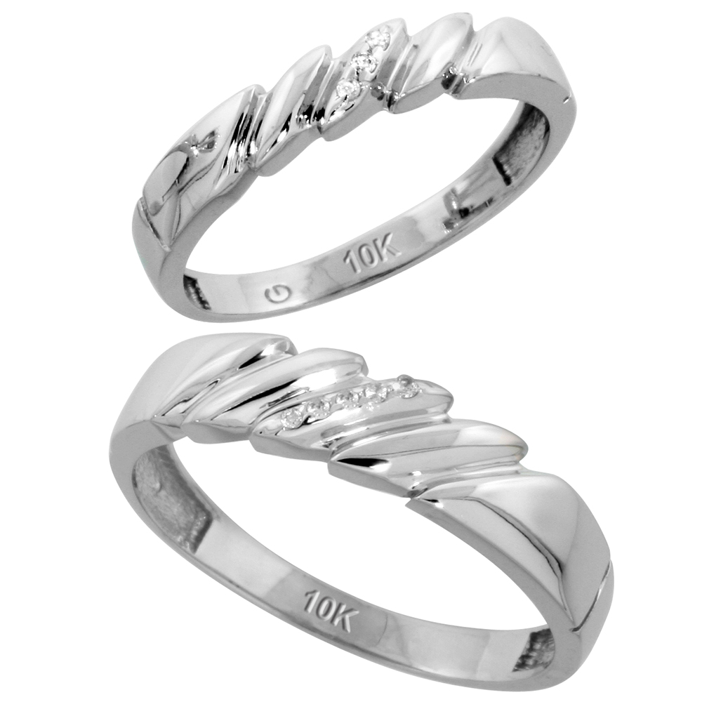 10k White Gold Diamond Wedding Rings Set for him 5 mm and her 4 mm 2-Piece 0.05 cttw Brilliant Cut, ladies sizes 5 � 10, mens sizes 8 - 14
