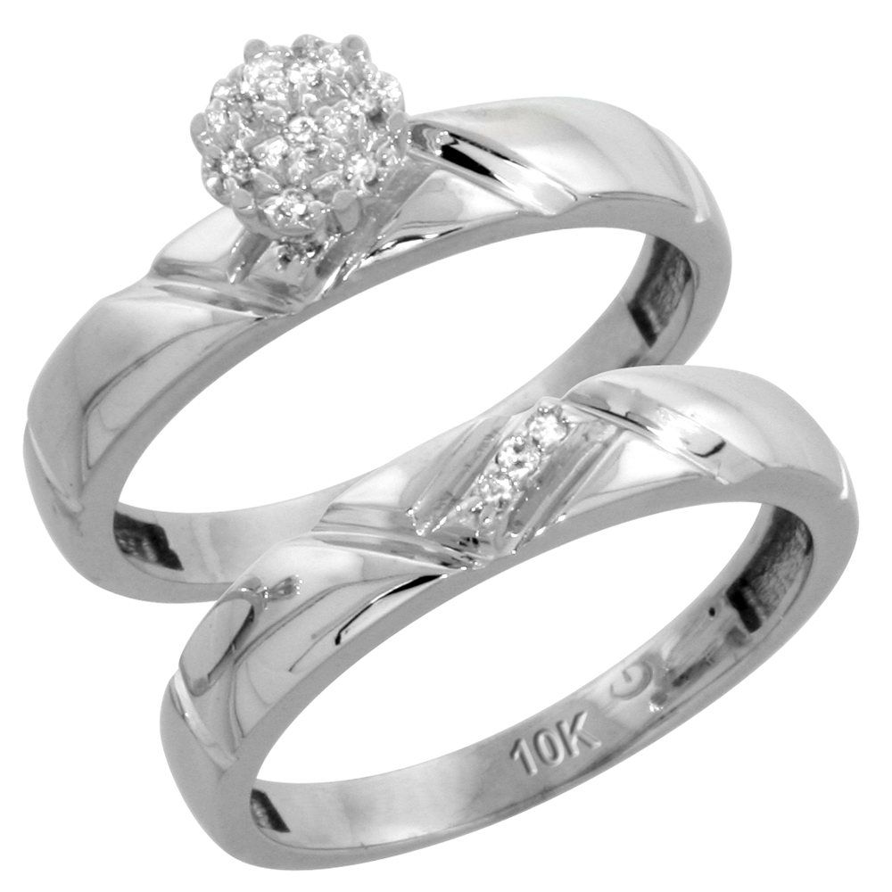 10k White Gold Diamond Trio Wedding Ring Set 3-piece His &amp; Hers 4.5 &amp; 4 mm 0.10 cttw, sizes 5 14