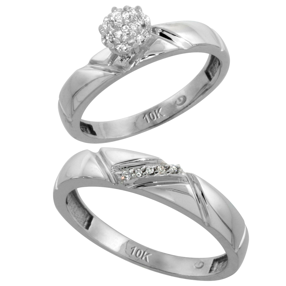 10k White Gold Diamond Engagement Rings Set for Men and Women 2-Piece 0.08 cttw Brilliant Cut, 4mm & 4.5mm wide