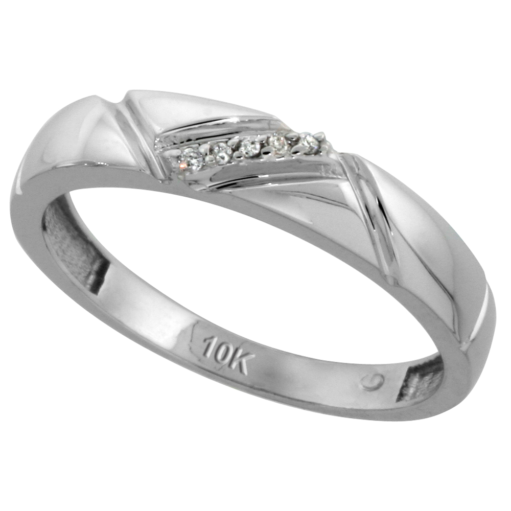 10k White Gold Mens Diamond Wedding Band, 3/16 inch wide