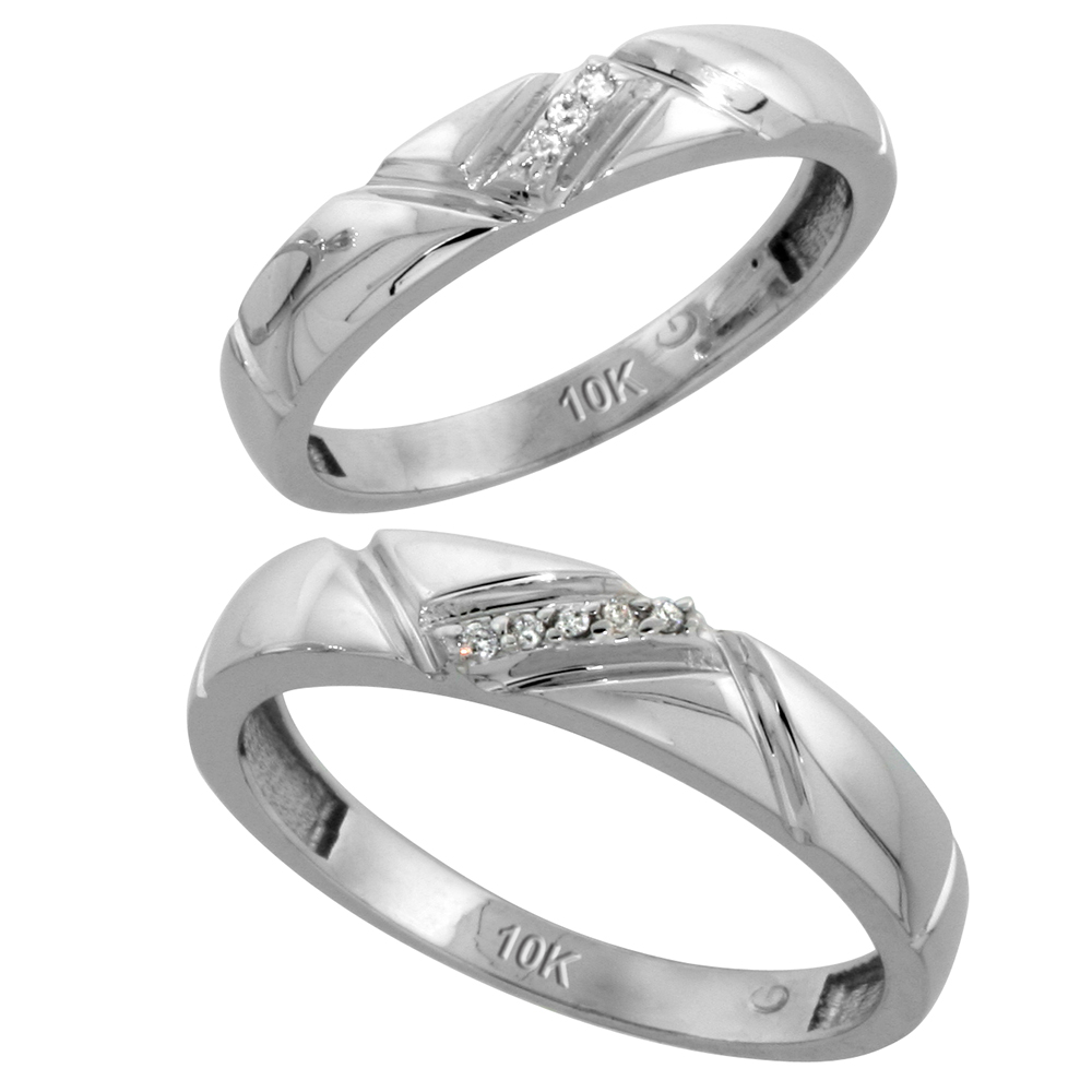 10k White Gold Diamond 2 Piece Wedding Ring Set His 4.5mm &amp; Hers 4mm, Men&#039;s Size 8 to 14
