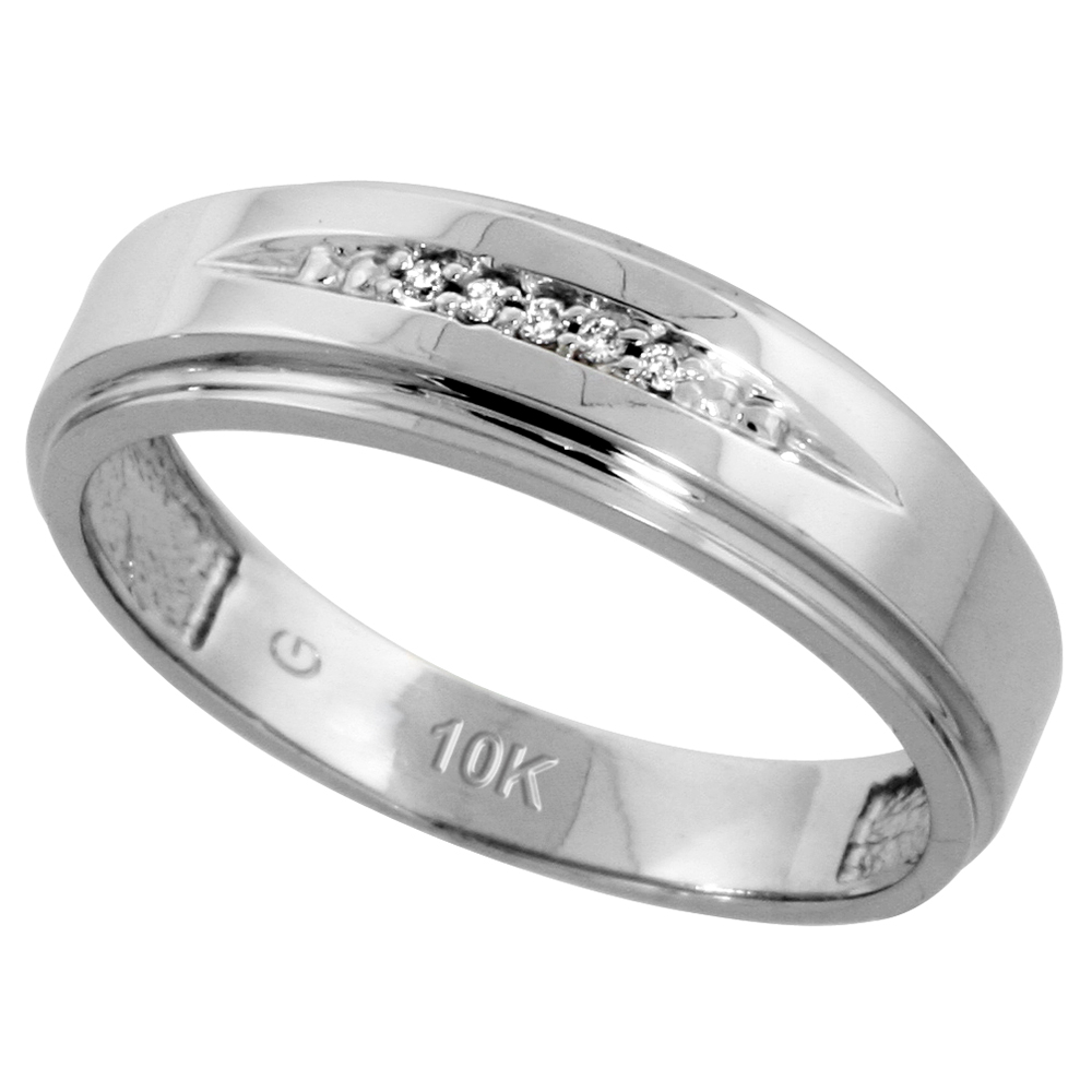 10k White Gold Mens Diamond Wedding Band Ring for Men 0.03 cttw Brilliant Cut 1/4 inch 6mm wide