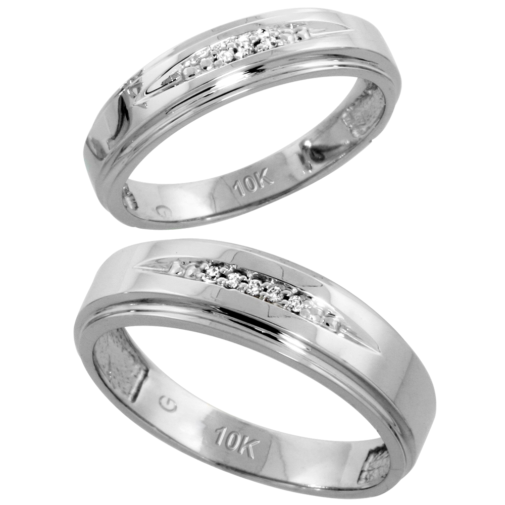 10k White Gold Diamond Wedding Rings Set for him 6 mm and her 5 mm 2-Piece 0.05 cttw Brilliant Cut, ladies sizes 5 � 10, mens sizes 8 - 14