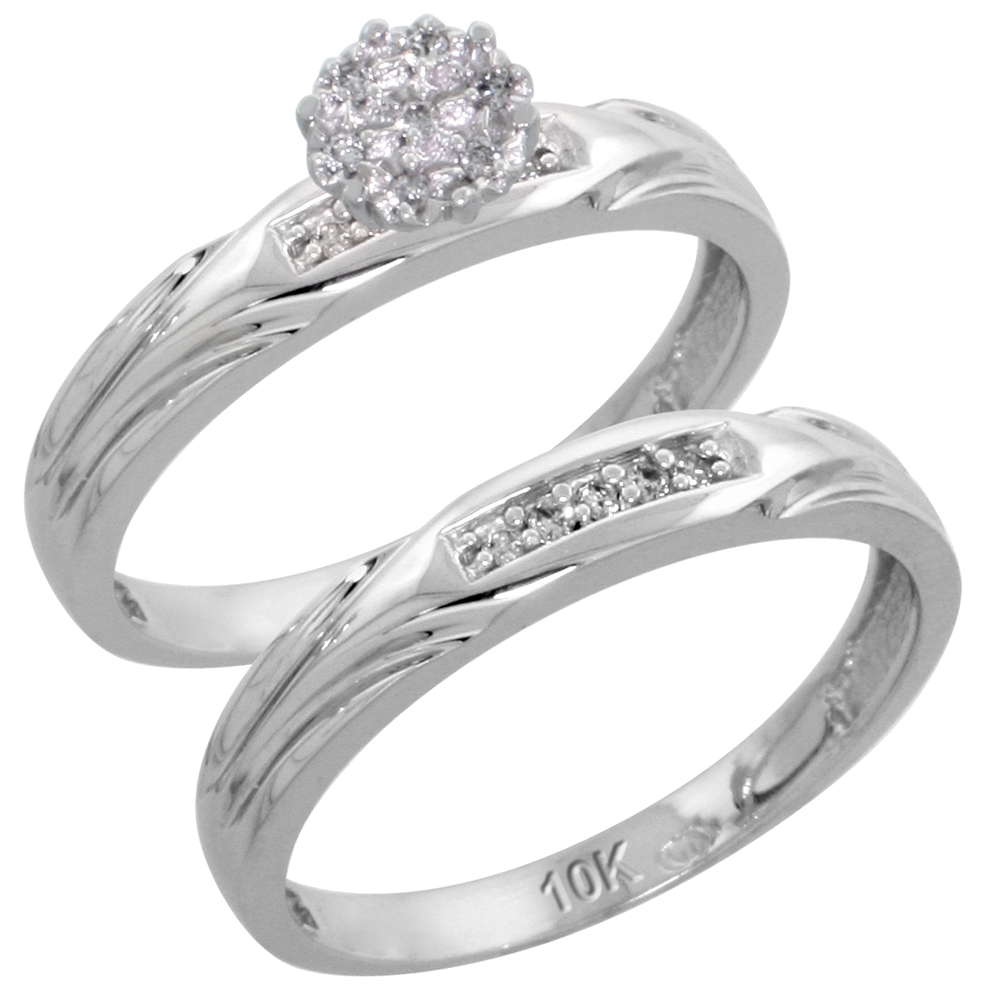 10k White Gold Diamond Engagement Rings Set for Men and Women 2-Piece 0.10 cttw Brilliant Cut, 3.5mm & 4.5mm wide