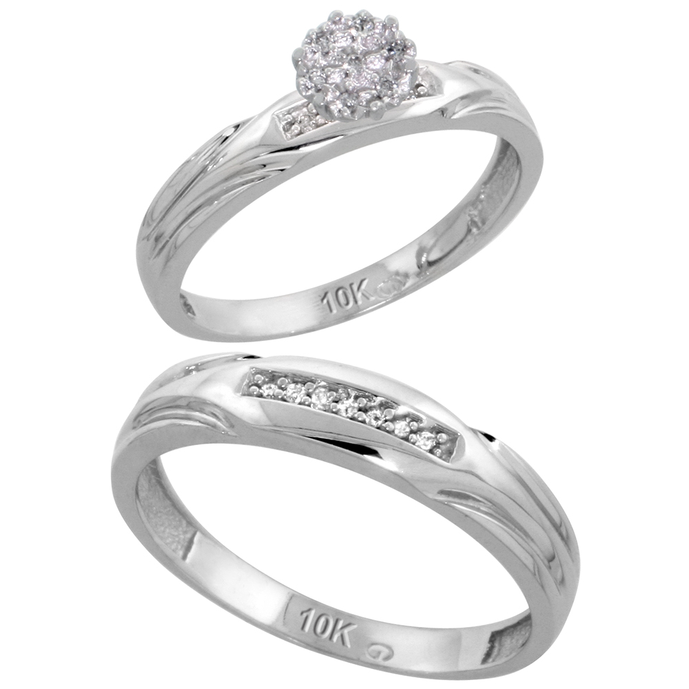 10k White Gold Diamond Engagement Rings Set for Men and Women 2-Piece 0.10 cttw Brilliant Cut, 3.5mm & 4.5mm wide