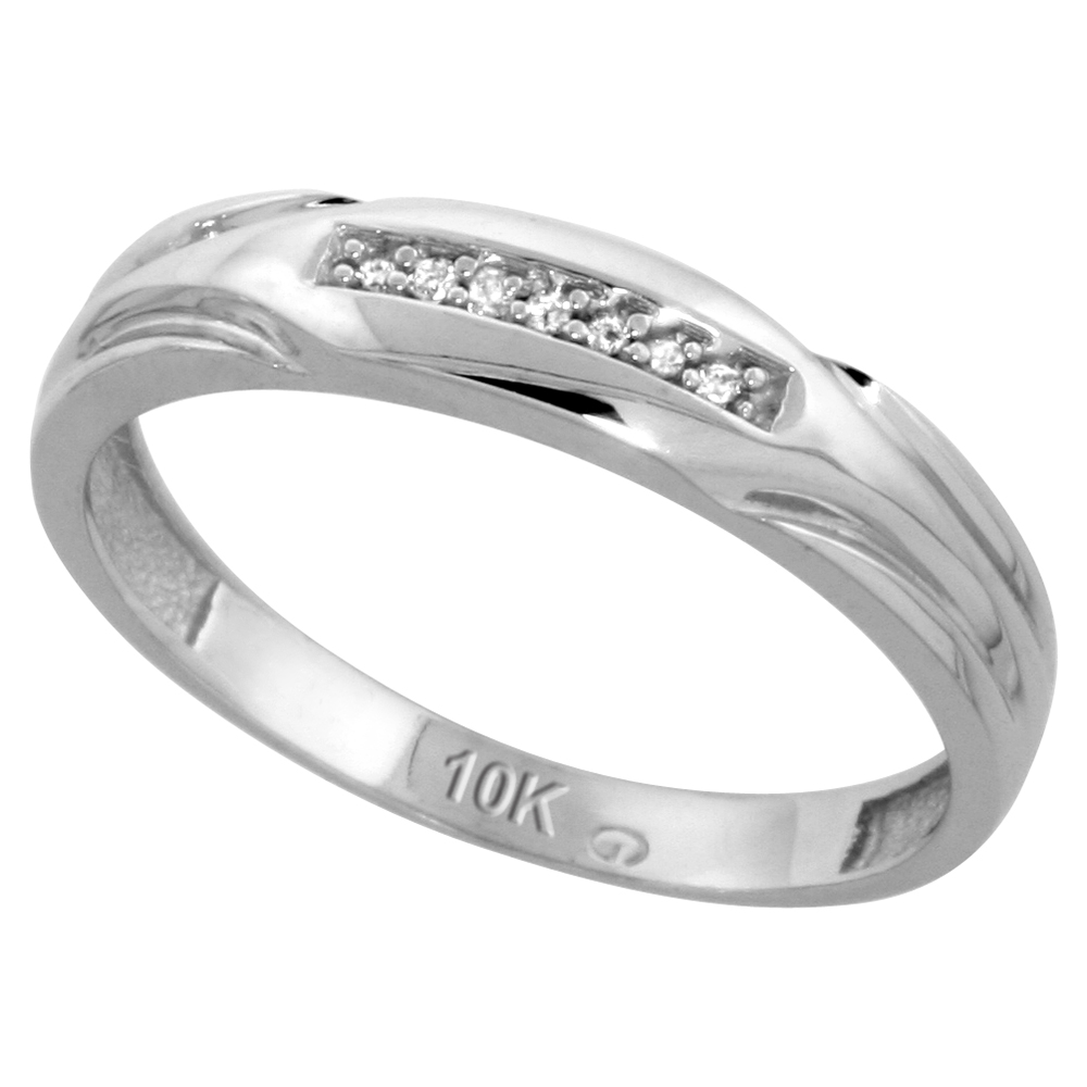 10k White Gold Mens Diamond Wedding Band, 3/16 inch wide