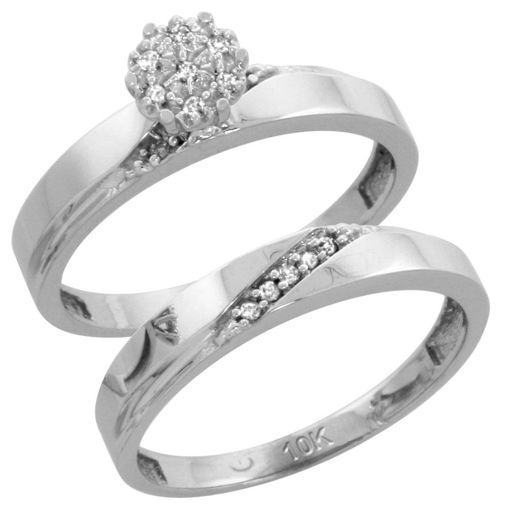 10k White Gold Diamond Trio Wedding Ring Set 3-piece His & Hers 4.5 & 3.5 mm 0.13 cttw, sizes 5 14