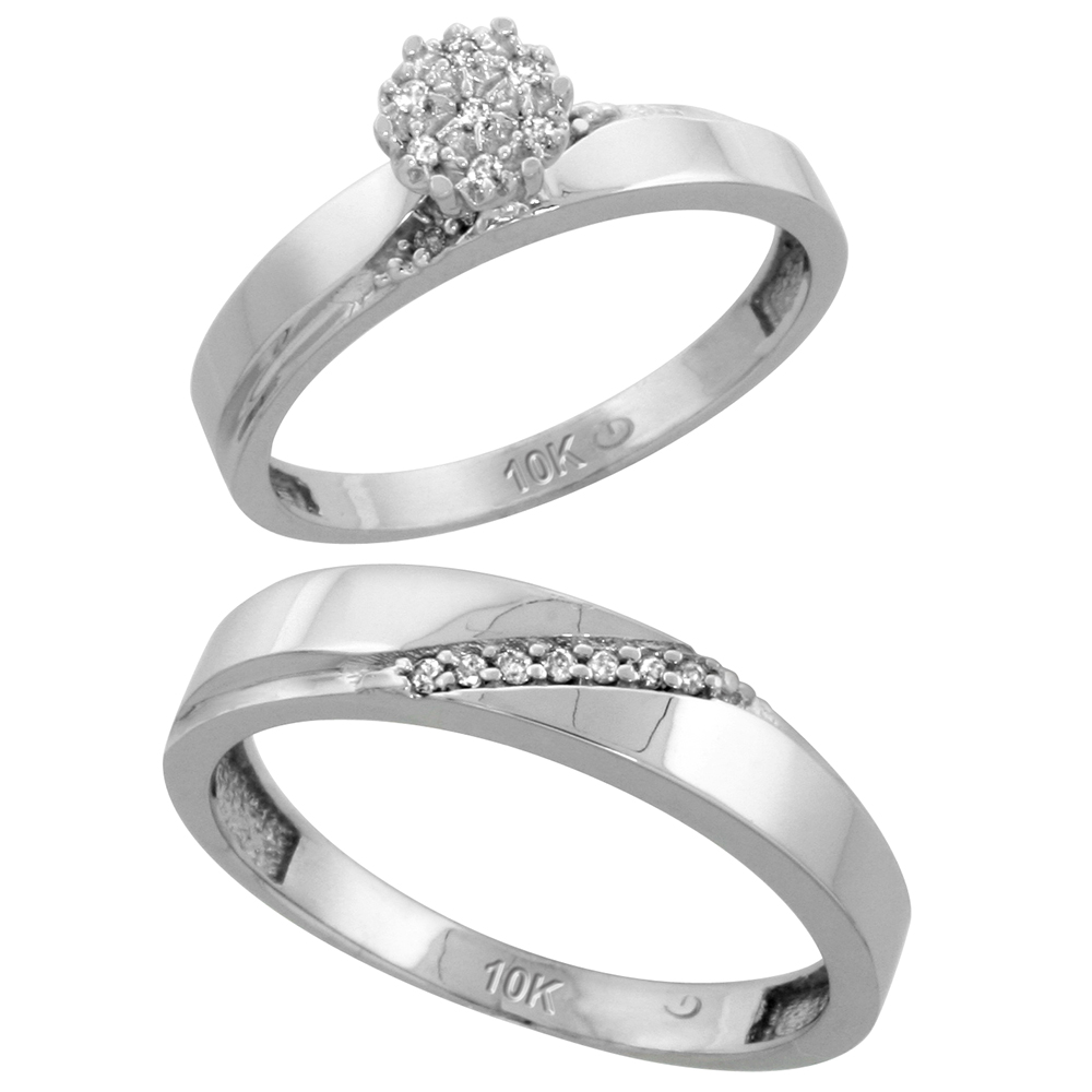 10k White Gold Diamond Engagement Rings Set for Men and Women 2-Piece 0.10 cttw Brilliant Cut, 3.5mm & 4.5mm wide