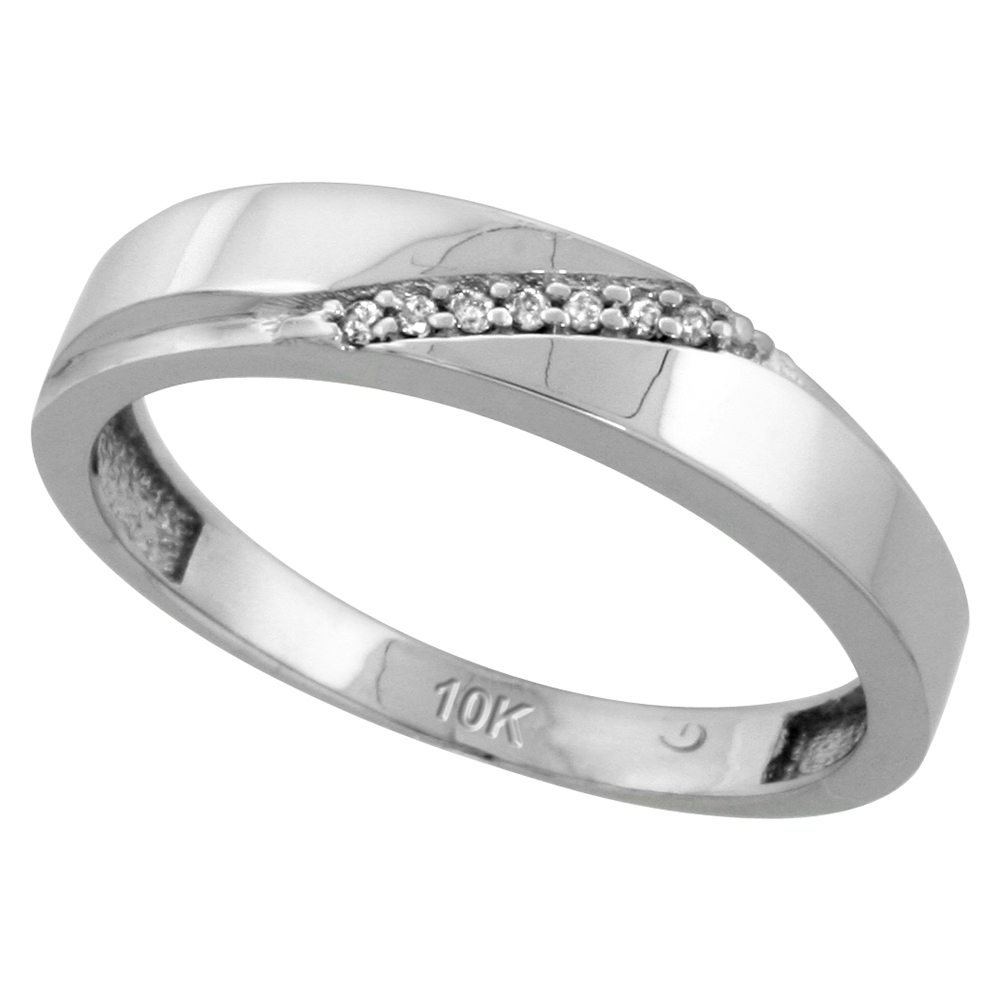 10k White Gold Mens Diamond Wedding Band, 3/16 inch wide