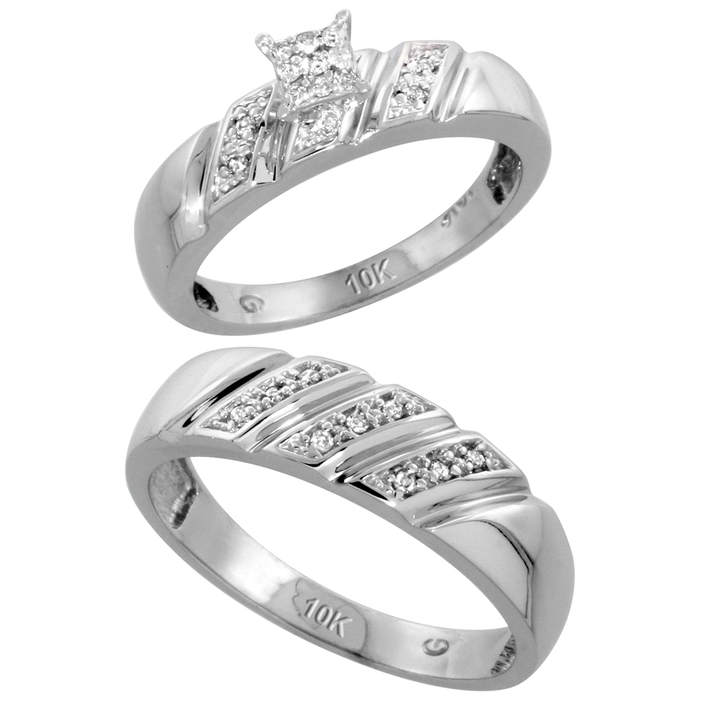 10k White Gold Diamond Engagement Rings Set for Men and Women 2-Piece 0.12 cttw Brilliant Cut, 5mm & 6mm wide