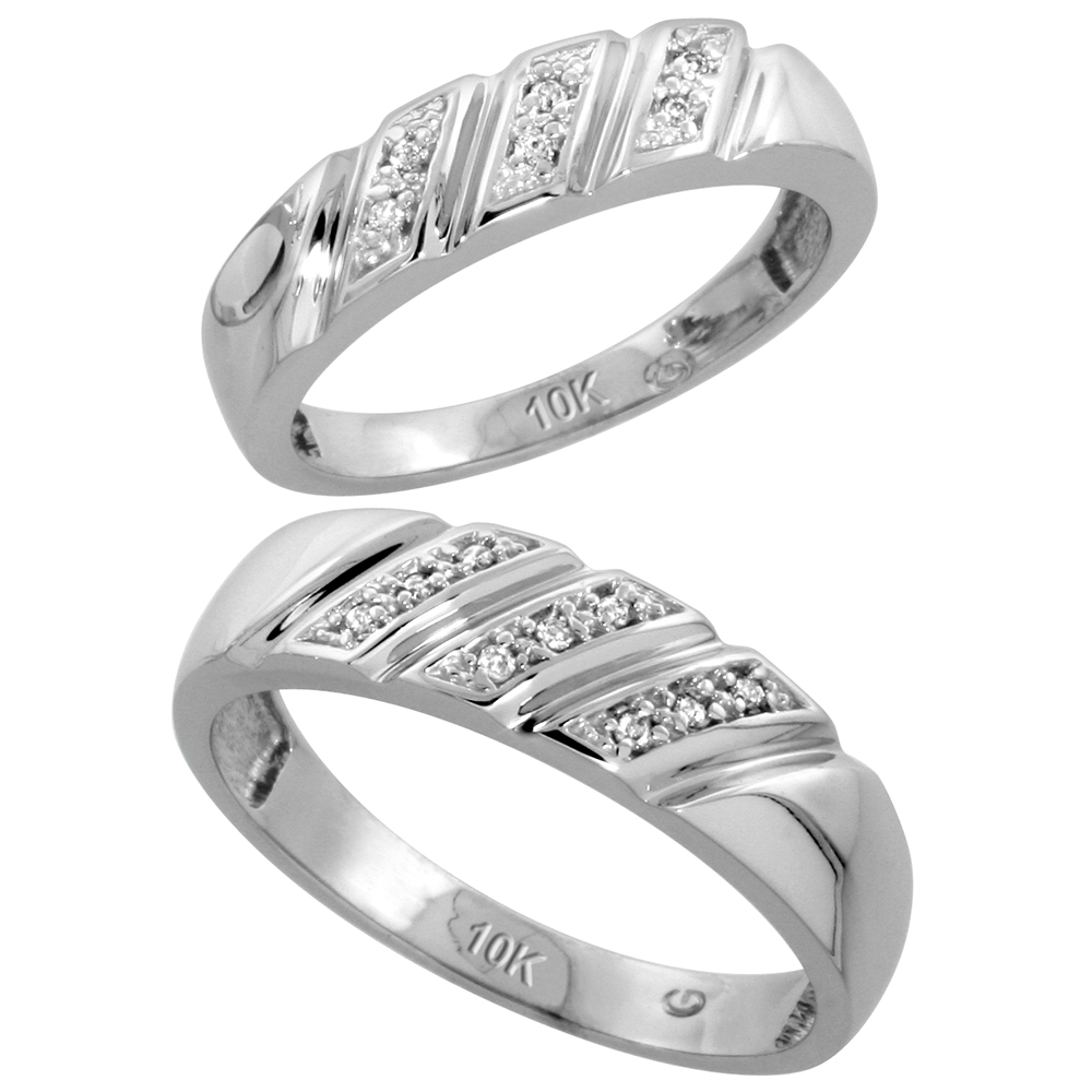10k White Gold Diamond 2 Piece Wedding Ring Set His 6mm & Hers 5mm, Men's Size 8 to 14