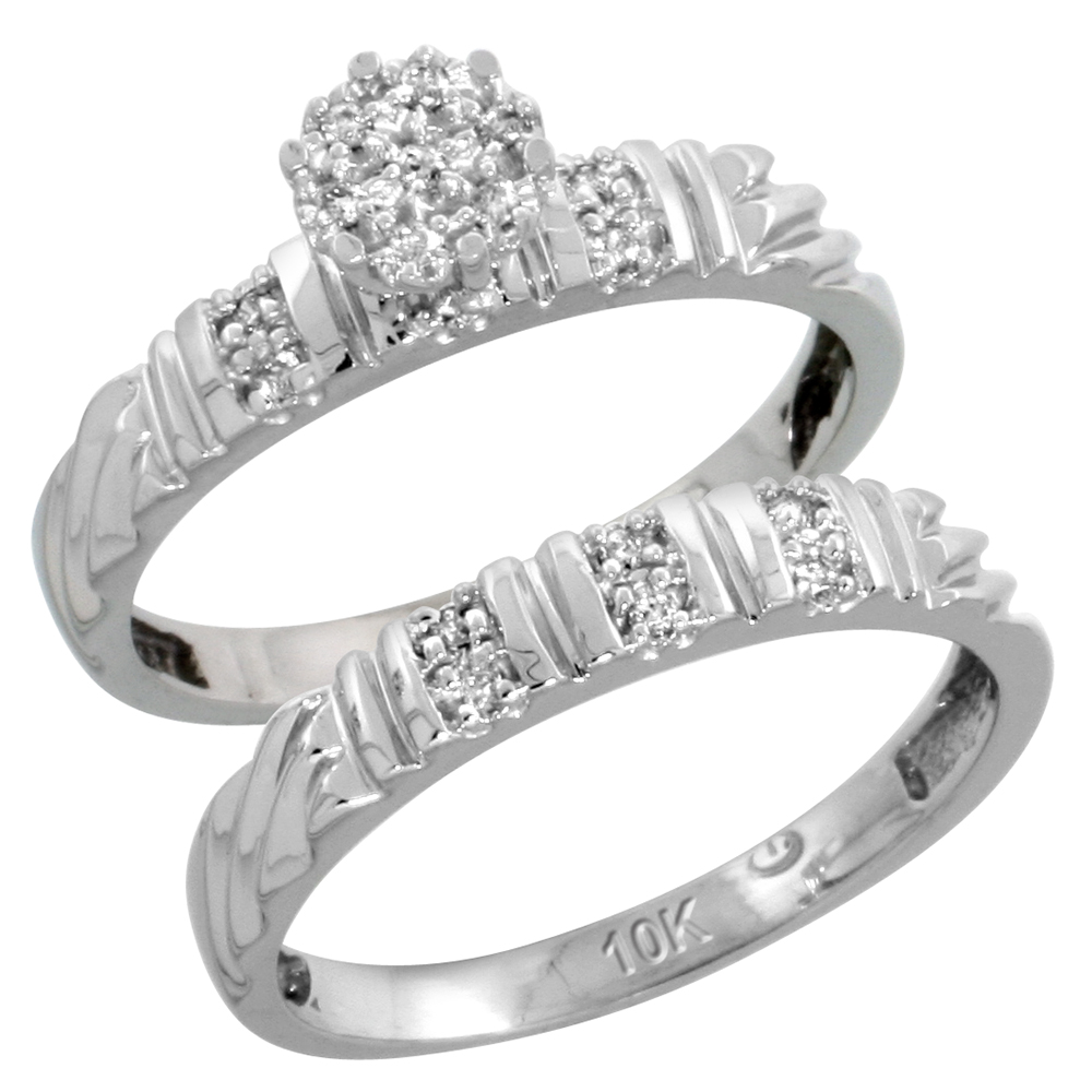 10k White Gold Diamond Engagement Rings Set for Men and Women 2-Piece 0.11 cttw Brilliant Cut, 3.5mm & 5mm wide