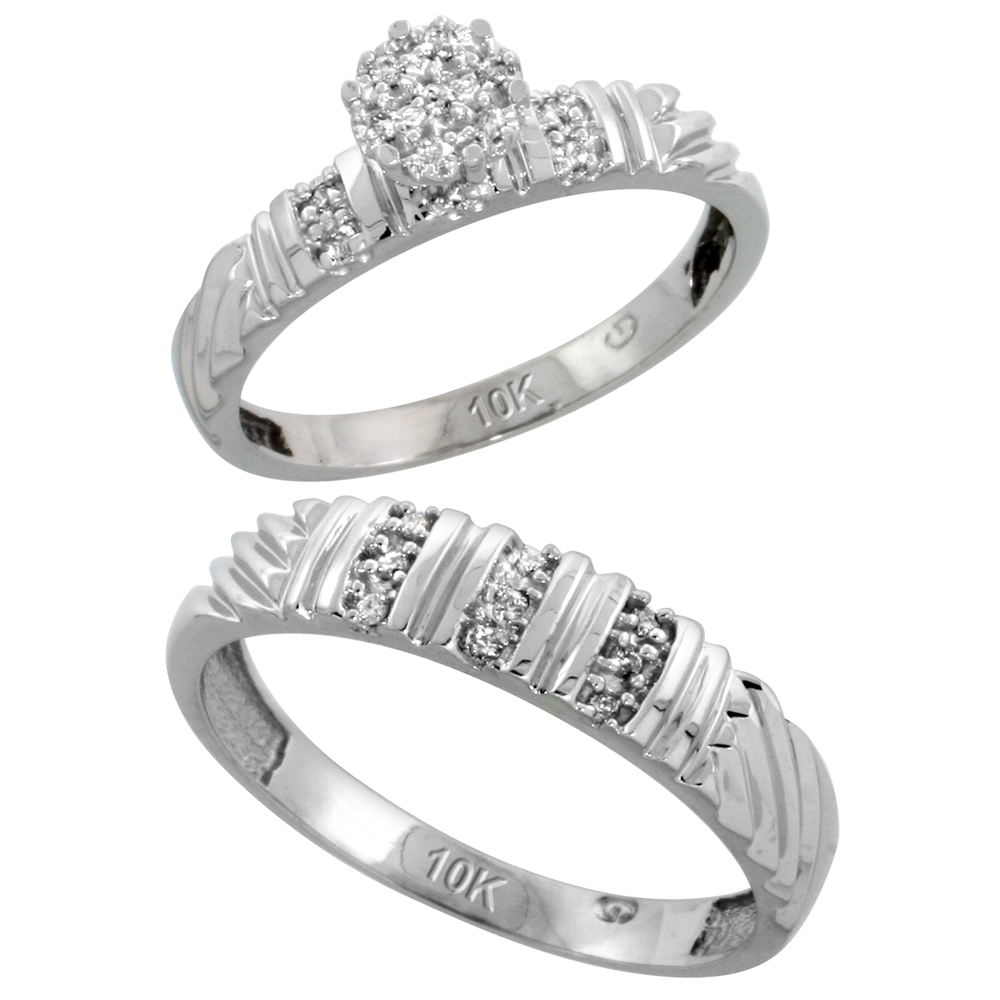 10k White Gold Diamond Engagement Rings Set for Men and Women 2-Piece 0.11 cttw Brilliant Cut, 3.5mm & 5mm wide