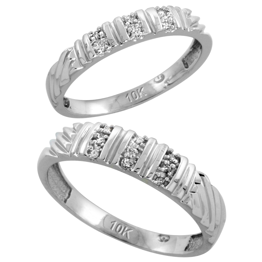 10k White Gold Diamond Wedding Rings Set for him 5 mm and her 3.5 mm 2-Piece 0.08 cttw Brilliant Cut, ladies sizes 5 � 10, mens sizes 8 - 14