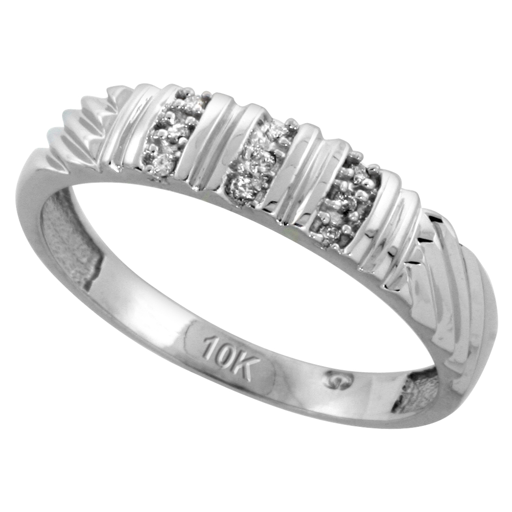 10k White Gold Mens Diamond Wedding Band, 3/16 inch wide