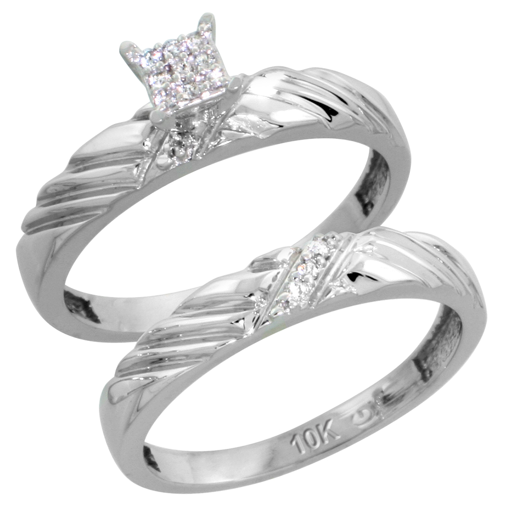 10k White Gold Diamond Engagement Rings Set for Men and Women 2-Piece 0.09 cttw Brilliant Cut, 3.5mm & 5mm wide