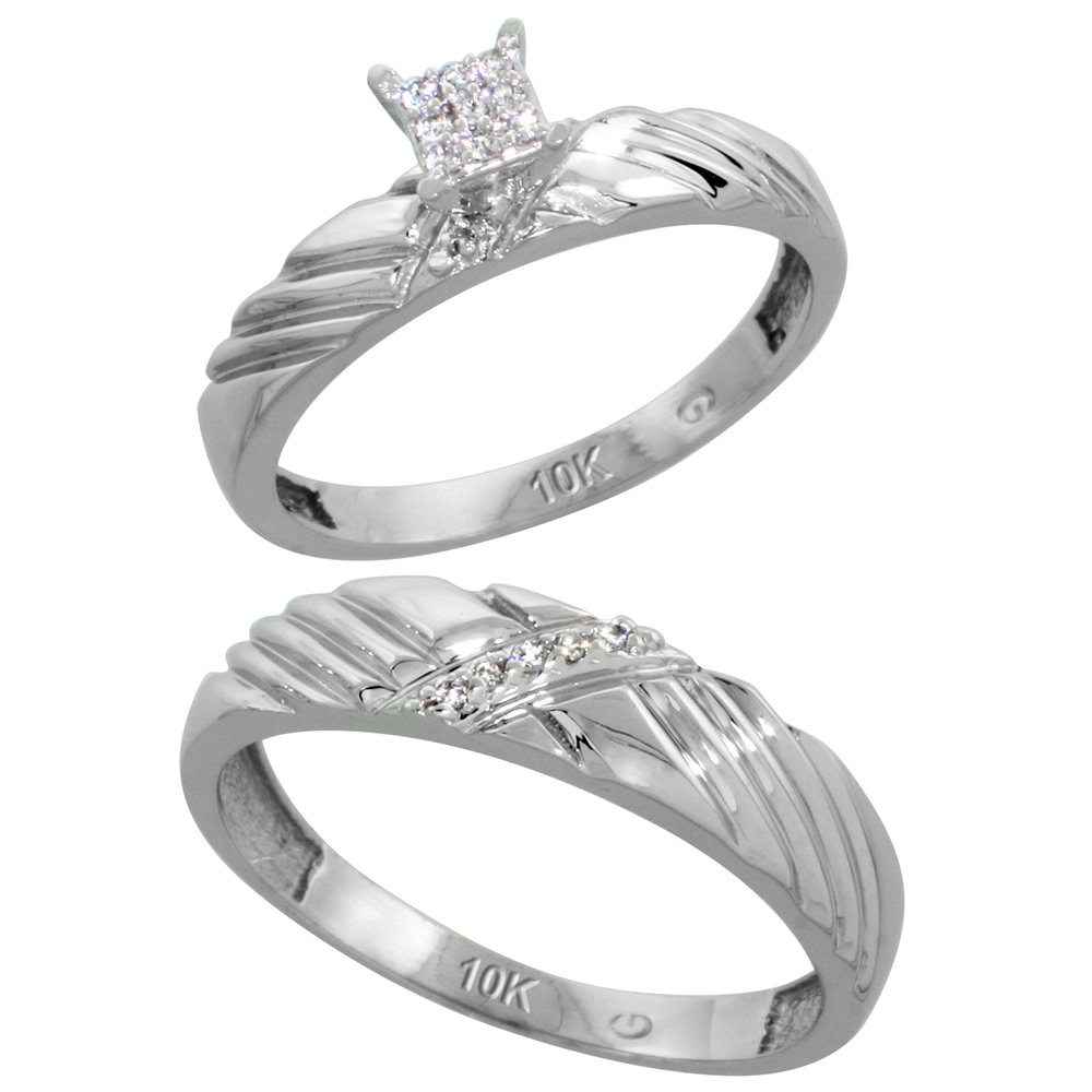 10k White Gold Diamond Engagement Rings Set for Men and Women 2-Piece 0.09 cttw Brilliant Cut, 3.5mm & 5mm wide