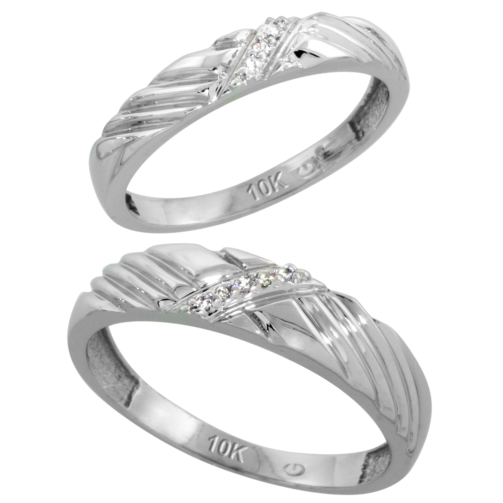 10k White Gold Diamond Wedding Rings Set for him 5 mm and her 3.5 mm 2-Piece 0.05 cttw Brilliant Cut, ladies sizes 5 � 10, mens sizes 8 - 14