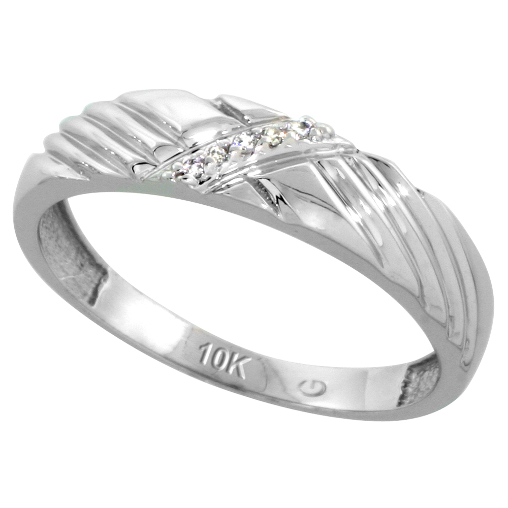 10k White Gold Mens Diamond Wedding Band, 3/16 inch wide