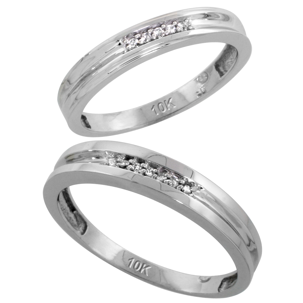 10k White Gold Diamond Wedding Rings Set for him 4 mm and her 3.5 mm 2-Piece 0.07 cttw Brilliant Cut, ladies sizes 5 � 10, mens sizes 8 - 14
