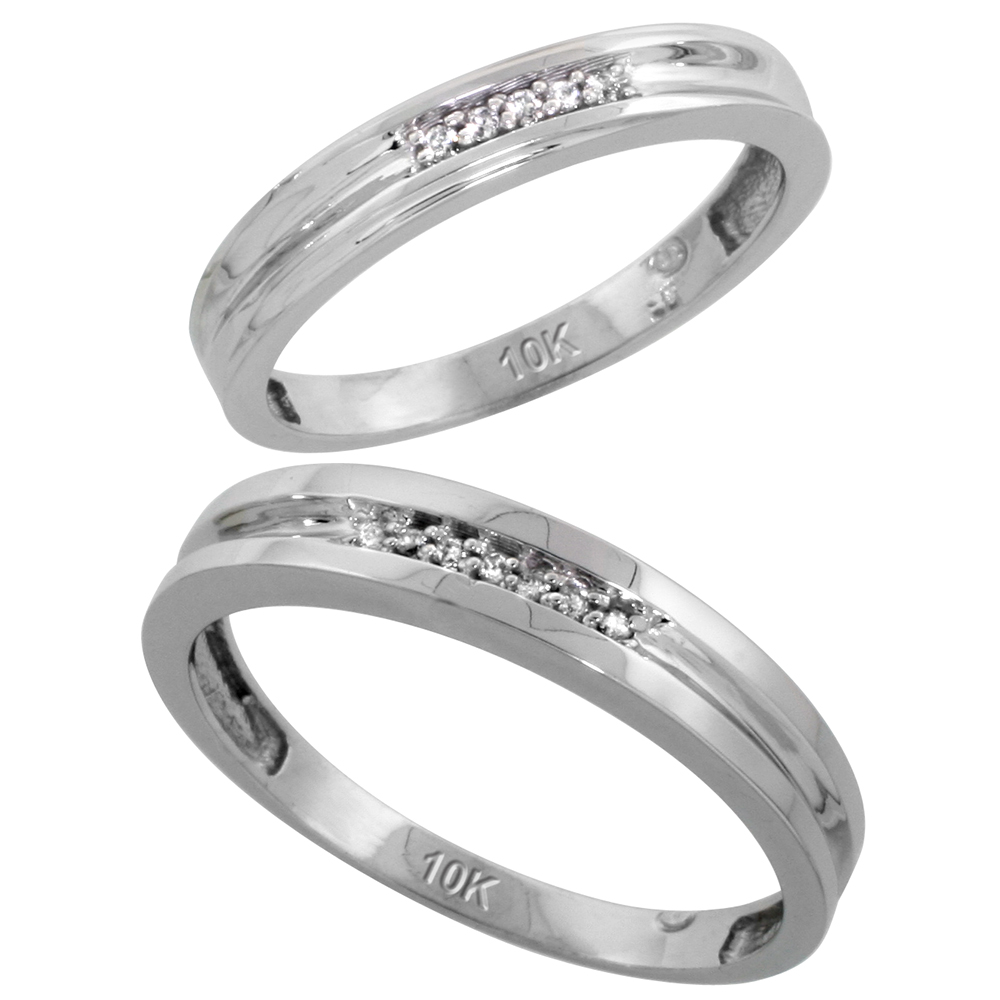 10k White Gold Diamond 2 Piece Wedding Ring Set His 4mm &amp; Hers 3.5mm, Men&#039;s Size 8 to 14