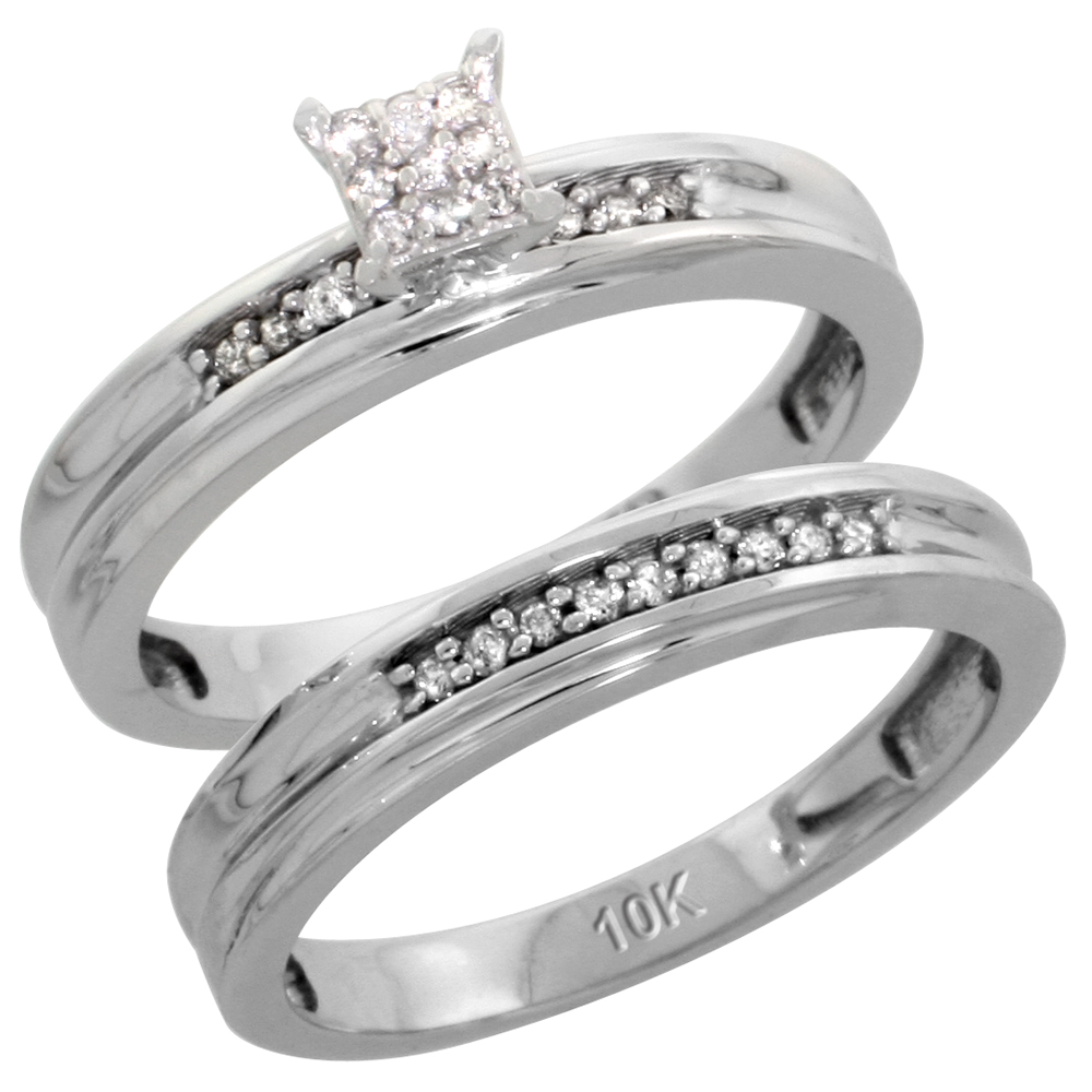 10k White Gold Diamond Engagement Rings Set for Men and Women 2-Piece 0.10 cttw Brilliant Cut, 4 mm &amp; 3.5 mm wide