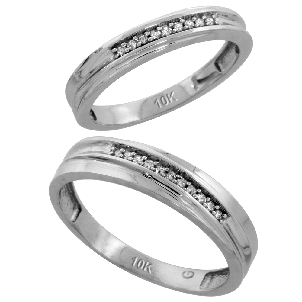 10k White Gold Diamond Wedding Rings Set for him 5 mm and her 3.5 mm 2-Piece 0.07 cttw Brilliant Cut, ladies sizes 5 � 10, mens sizes 8 - 14