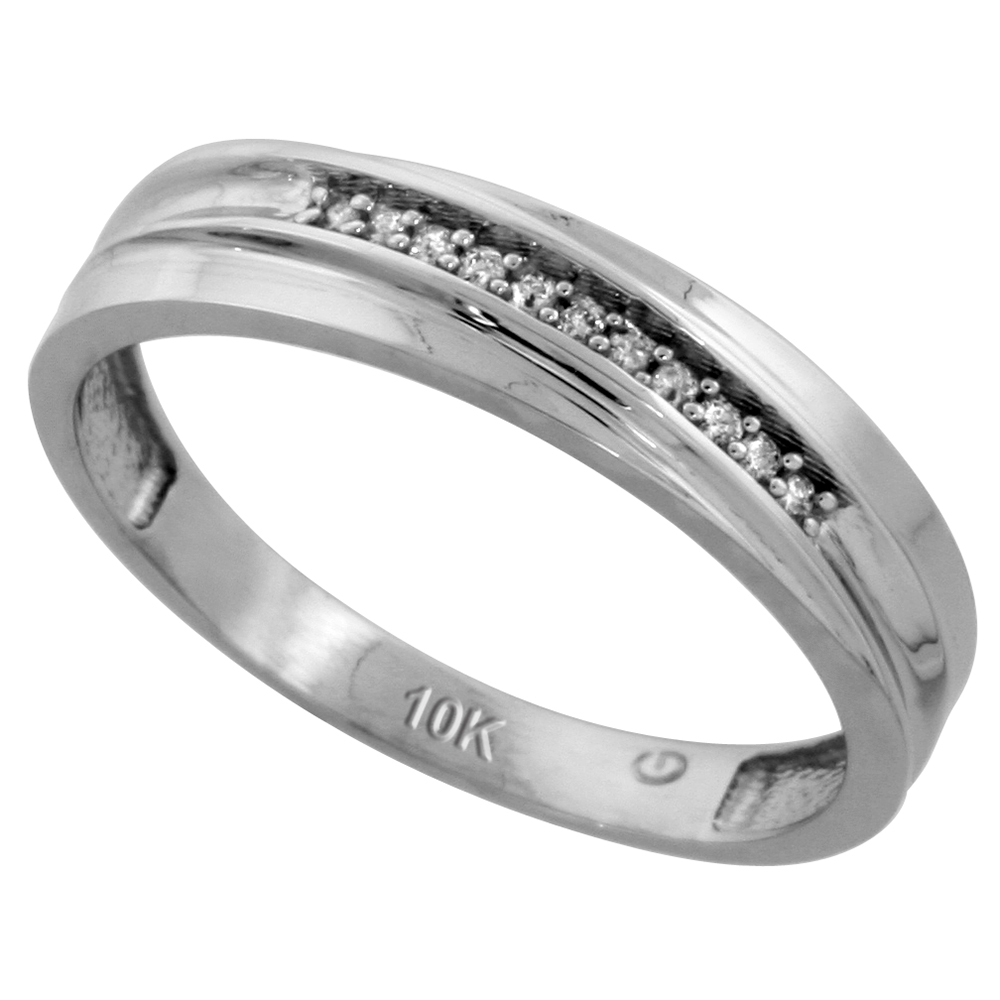 10k White Gold Mens Diamond Wedding Band, 3/16 inch wide