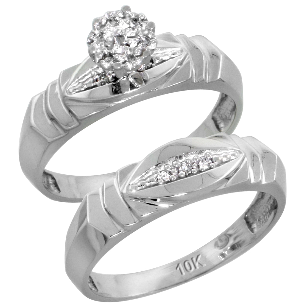 10k White Gold Diamond Engagement Rings Set for Men and Women 2-Piece 0.07 cttw Brilliant Cut, 5mm & 6mm wide