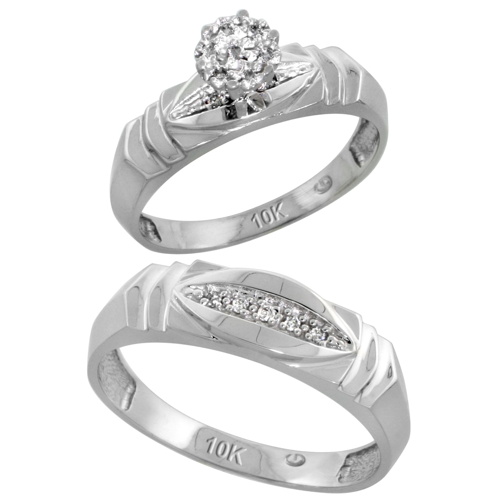 10k White Gold Diamond Engagement Rings Set for Men and Women 2-Piece 0.07 cttw Brilliant Cut, 5mm & 6mm wide