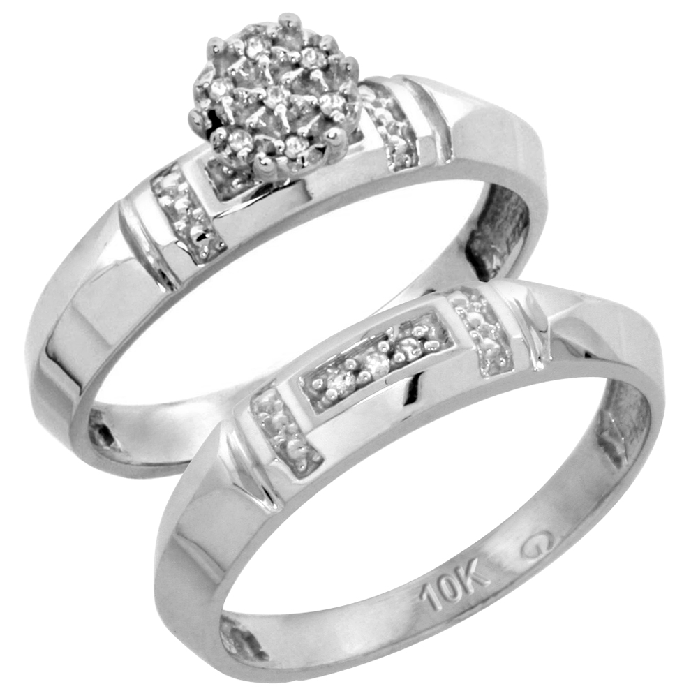 10k White Gold Diamond Engagement Rings Set for Men and Women 2-Piece 0.08 cttw Brilliant Cut, 4mm & 5.5mm wide