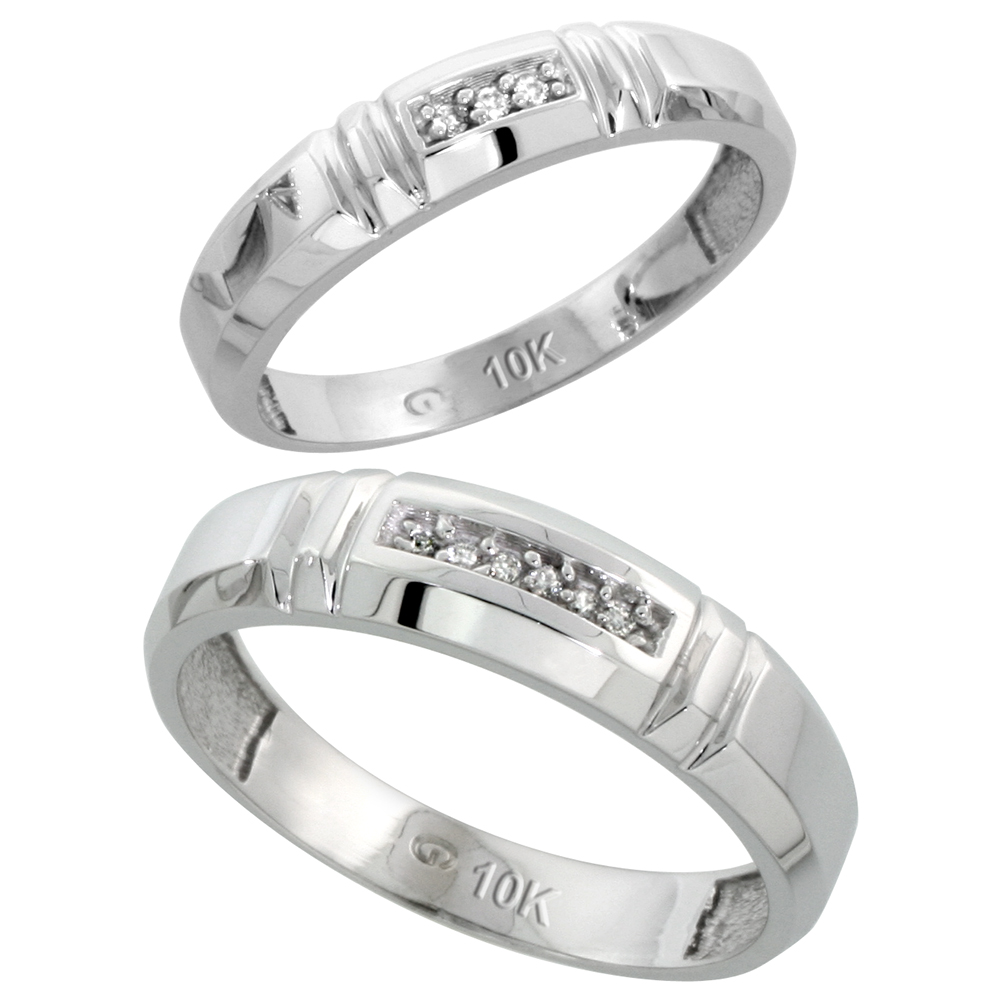 10k White Gold Diamond 2 Piece Wedding Ring Set His 5.5mm &amp; Hers 4mm, Men&#039;s Size 8 to 14