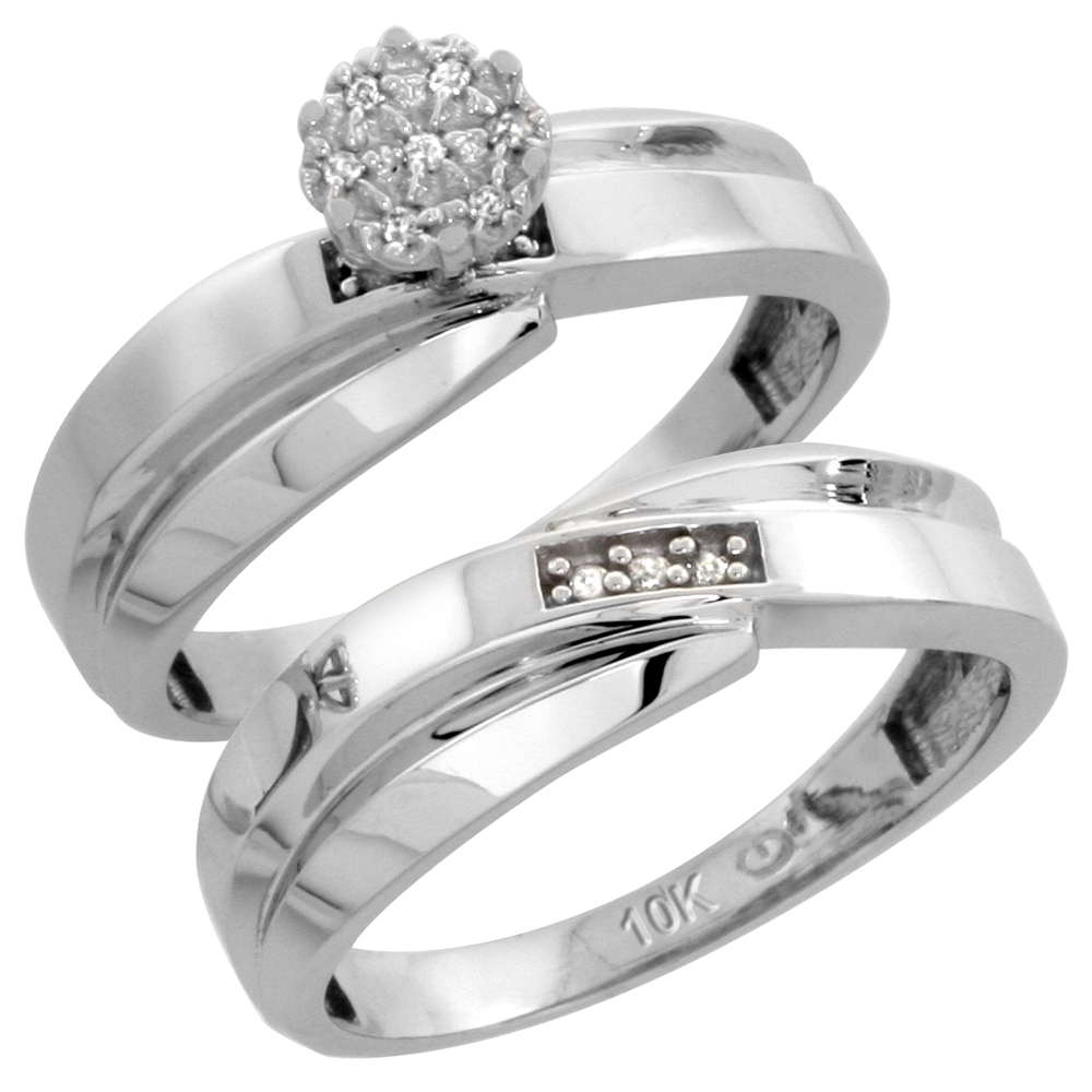 10k White Gold Diamond Engagement Rings Set for Men and Women 2-Piece 0.08 cttw Brilliant Cut, 6mm & 7mm wide