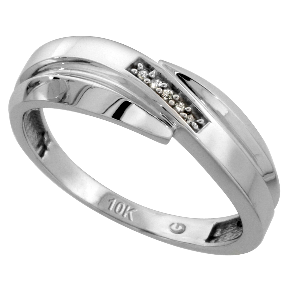 10k White Gold Mens Diamond Wedding Band, 9/32 inch wide