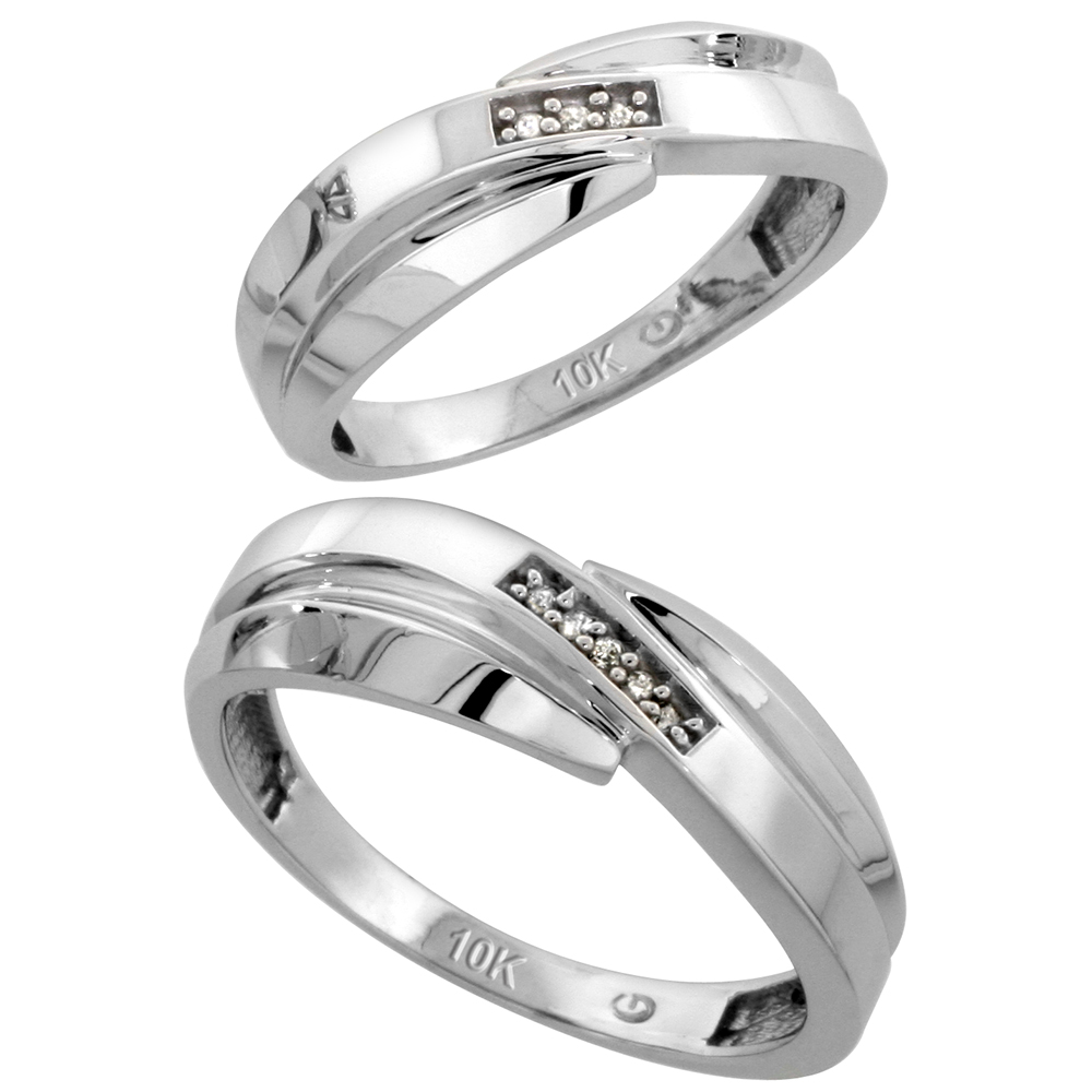 10k White Gold Diamond 2 Piece Wedding Ring Set His 7mm & Hers 6mm, Men's Size 8 to 14