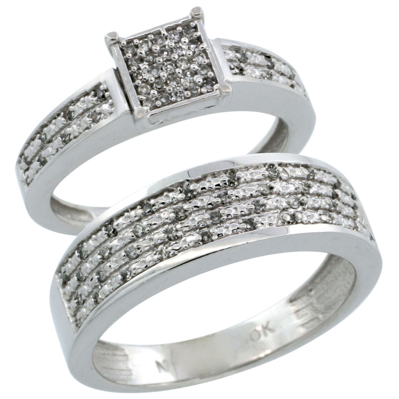 14k White Gold 2-Piece Diamond Ring Band Set w/ Rhodium Accent ( Engagement Ring &amp; Man&#039;s Wedding Band ), w/ 0.27 Carat Brilliant Cut Diamonds, ( 3.5mm; 6.5mm ) wide