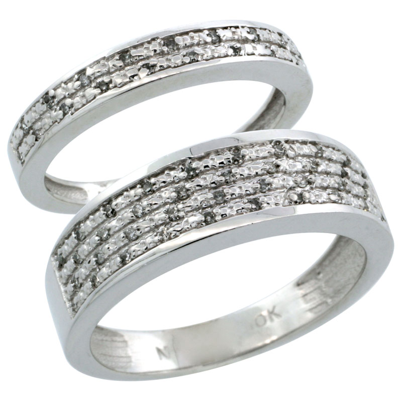 14k White Gold 2-Piece His (6.5mm) &amp; Hers (3.5mm) Diamond Wedding Ring Band Set w/ 0.18 Carat Brilliant Cut Diamonds; (Ladies Size 5 to10; Men&#039;s Size 8 to 14)