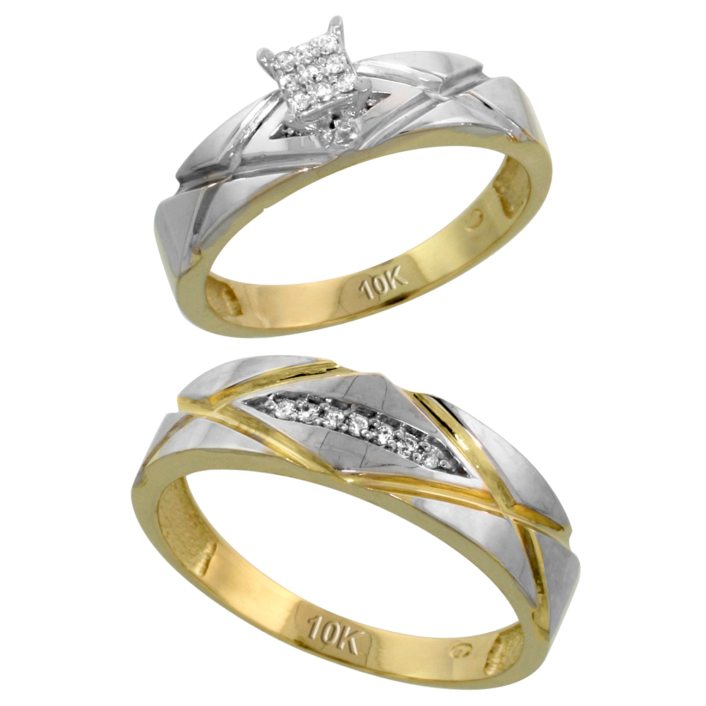 10k Yellow Gold Diamond Engagement Rings Set for Men and Women 2-Piece 0.10 cttw Brilliant Cut, 5mm & 6mm wide