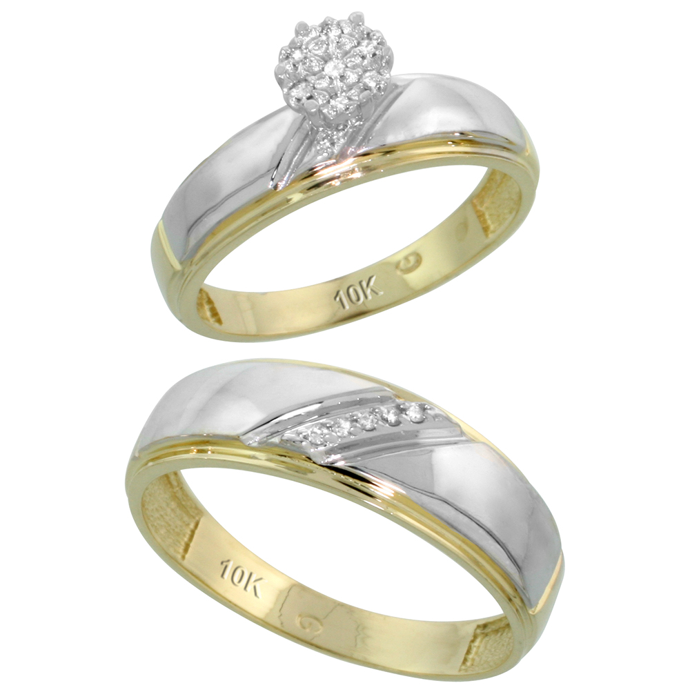 10k Yellow Gold Diamond Engagement Rings Set for Men and Women 2-Piece 0.07 cttw Brilliant Cut, 5.5mm & 7mm wide