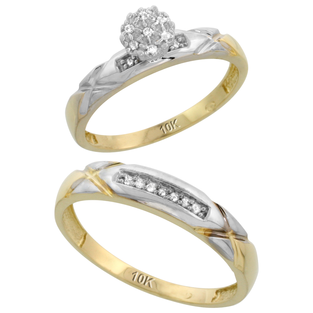 10k Yellow Gold Diamond Engagement Rings Set for Men and Women 2-Piece 0.10 cttw Brilliant Cut, 4 mm & 3.5 mm wide