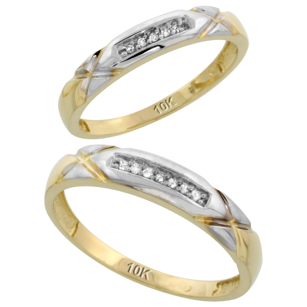 10k Yellow Gold Diamond Wedding Rings Set for him 4 mm and her 3.5 mm 2-Piece 0.07 cttw Brilliant Cut, ladies sizes 5 � 10, mens sizes 8 - 14