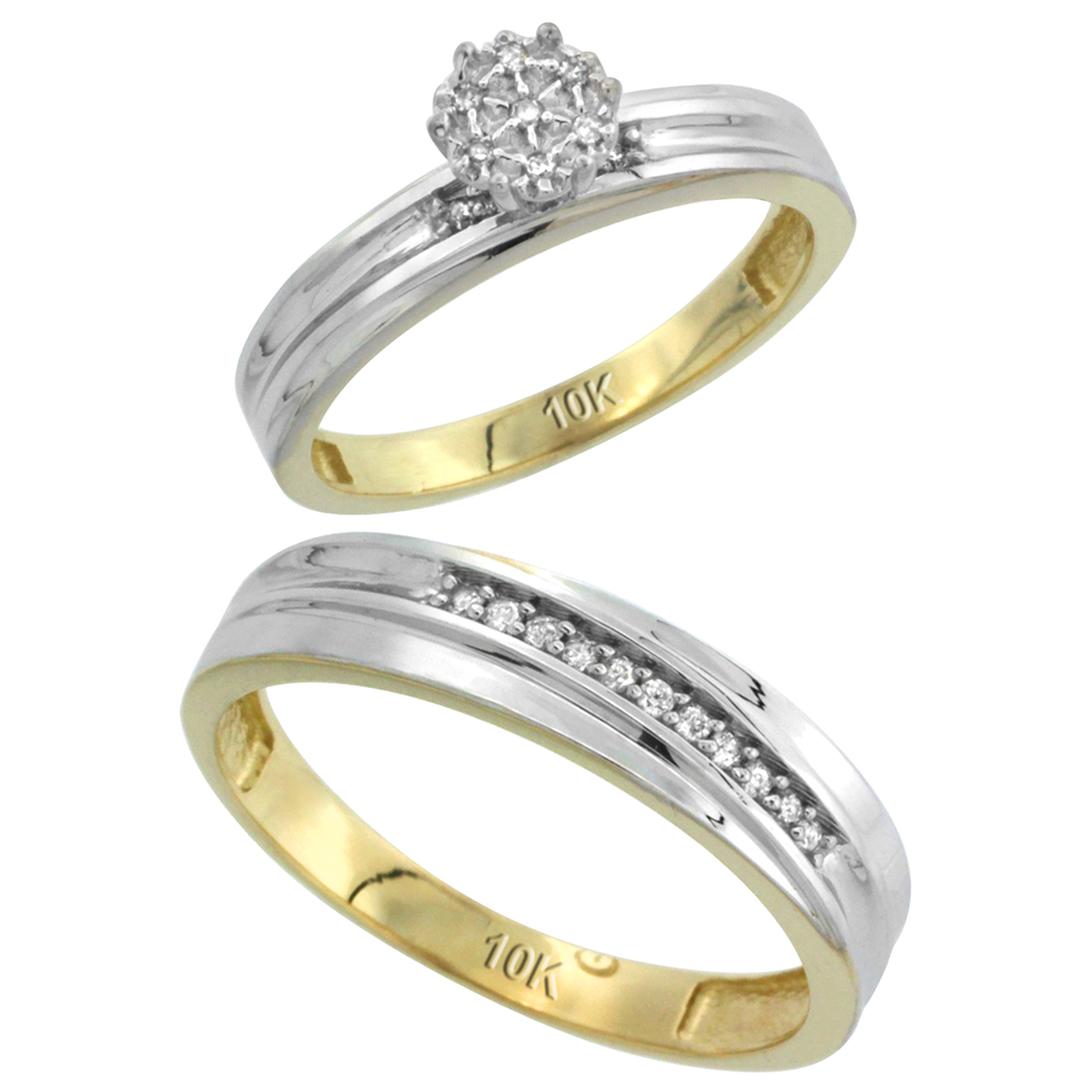 10k Yellow Gold Diamond Engagement Rings Set for Men and Women 2-Piece 0.09 cttw Brilliant Cut, 5 mm & 3 mm wide