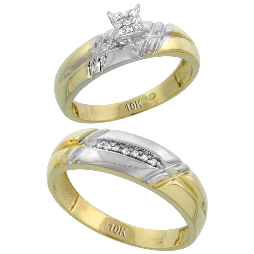 10k Yellow Gold Diamond Engagement Rings Set for Men and Women 2-Piece 0.10 cttw Brilliant Cut, 5.5mm & 6mm wide